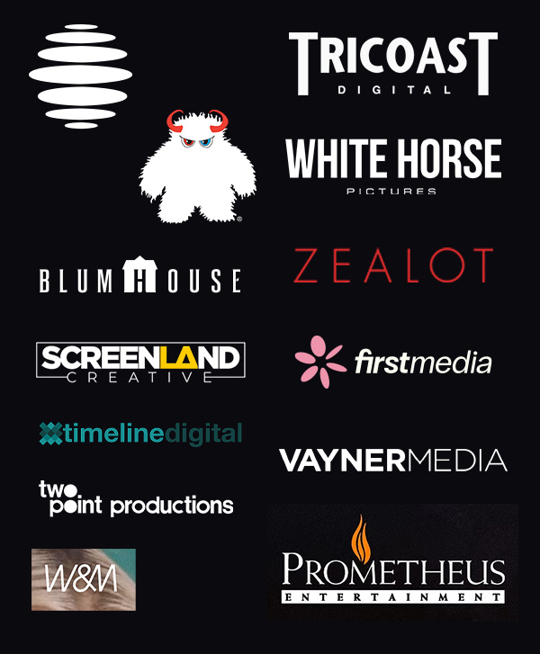 Melrose client logos including Pantheon, Tricoast, White Horse, Blumhouse, Zealot, Screenland, firstmedia, Timeline Digital, Vayner Media, W&N and Prometheus.